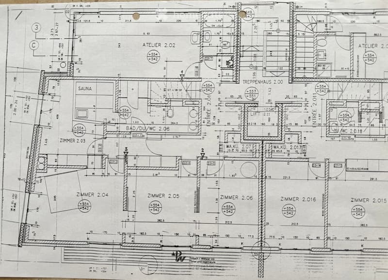 Floor plan showing multiple rooms including a sauna, bathroom/WC, and several bedrooms labeled Zimmer 2.03 to Zimmer 2.016, with an atelier and staircase area.