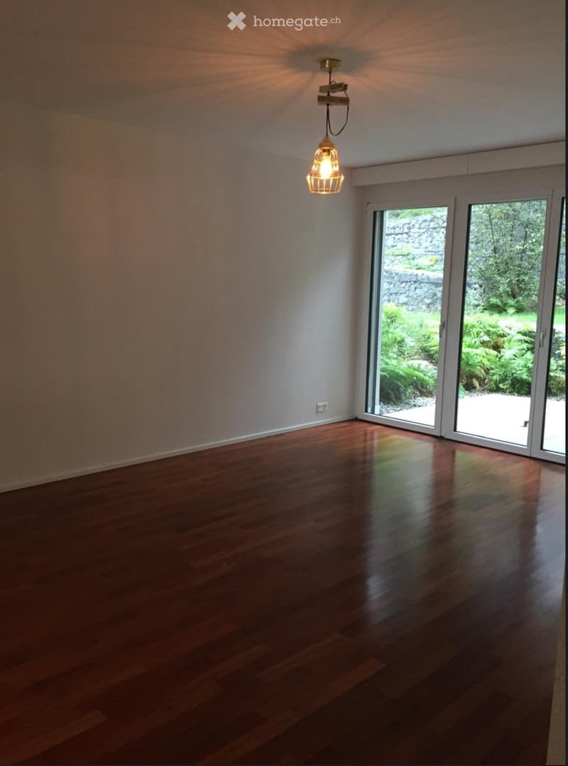 Empty room with wooden flooring, large sliding glass doors leading to a garden, and a hanging light fixture.