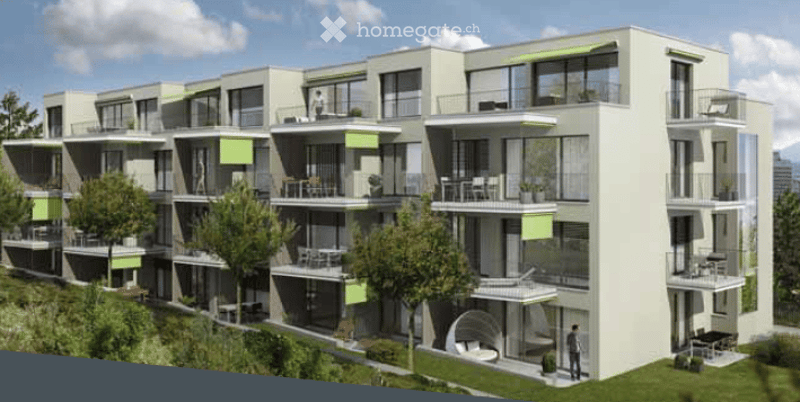 Modern multi-story residential building with balconies, large windows, and greenery around the base.