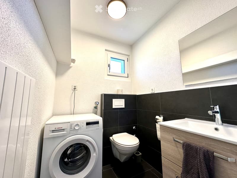 Modern bathroom with a washing machine, toilet, sink, mirror, and a towel hanging on the cabinet.