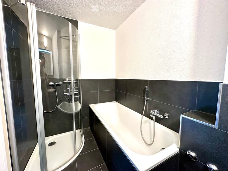 Modern bathroom with a bathtub, glass-enclosed shower, and dark tiled walls and floor.