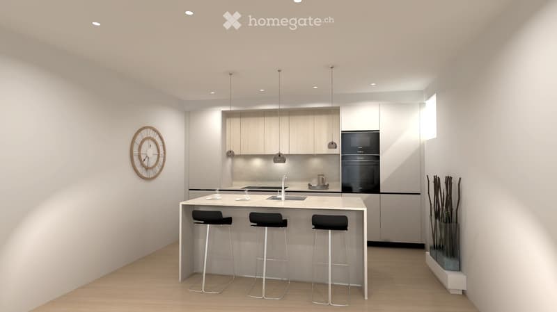 Kitchen. Modern kitchen with white cabinets, a central island with bar stools, a clock on the wall, and a sleek oven.
