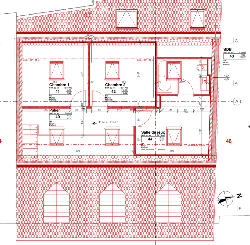 Floor Plan. Floor plan showing four rooms: Chambre 1, Chambre 2, Palier, and Salle de jeux, with dimensions and surface areas labeled.
