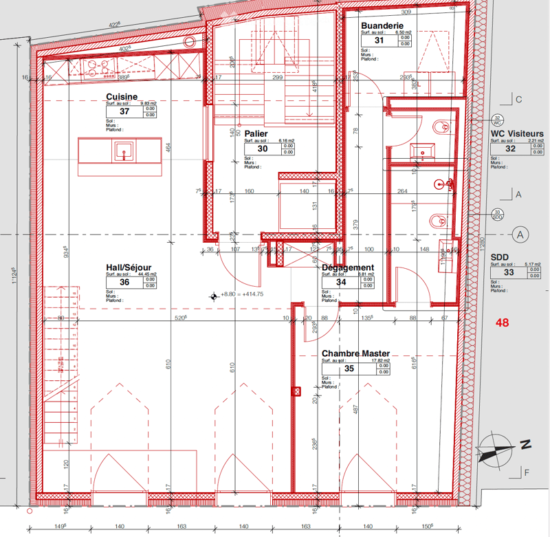 Floor Plan. Floor plan showing a layout with labeled rooms including a kitchen, living room, master bedroom, hallway, and visitor WC. Dimensions and measurements are indicated throughout the plan.