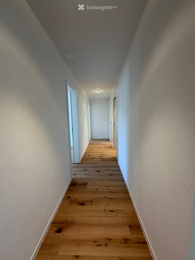A long, narrow hallway with wooden flooring and white walls, featuring recessed ceiling lighting and several doors along the sides.