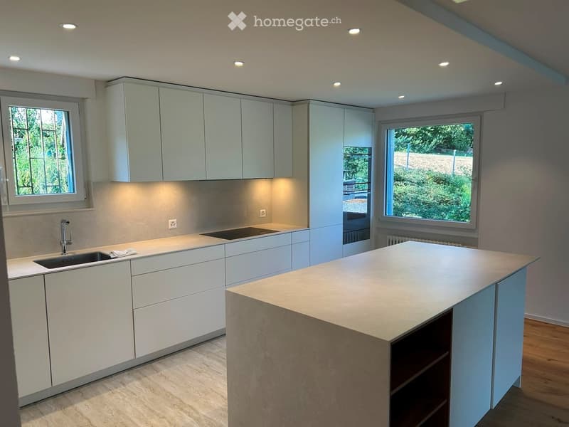 Modern kitchen with white cabinets, a central island, and a sink area. The space features large windows and recessed lighting.