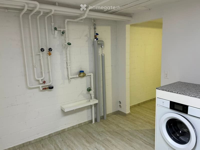 Utility room with exposed pipes, valves, and a white washing machine on a countertop.