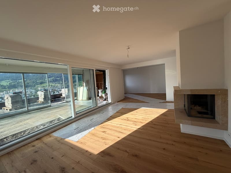 Empty room with wooden flooring, large glass sliding doors leading to a balcony, and a fireplace on the right side.