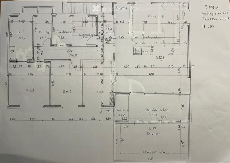Floor plan showing a layout with labeled rooms including a bathroom, shower, garden room, staircase, kitchen, living area, winter garden, and terrace. Dimensions and measurements are indicated throughout.