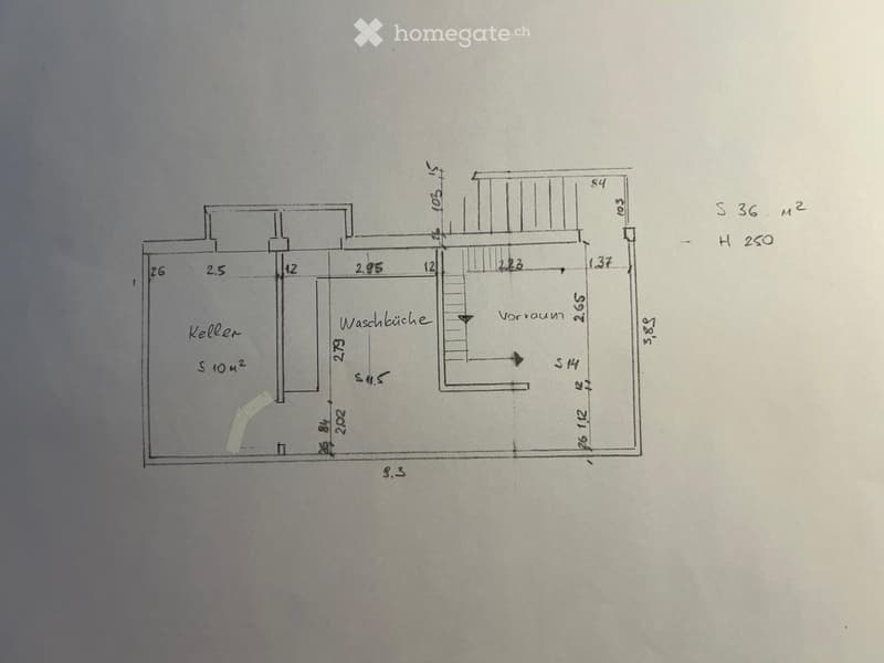 Hand-drawn floor plan showing a basement, washroom, and hallway with labeled dimensions and areas.