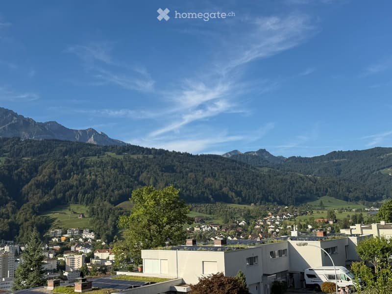 View of a town nestled in a valley surrounded by forested mountains and hills under a clear blue sky.