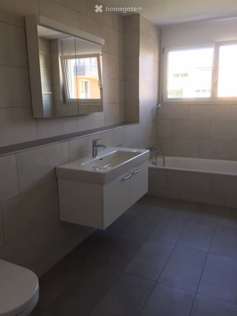 Modern bathroom with a white sink, mirror, and bathtub, featuring tiled walls and dark flooring.