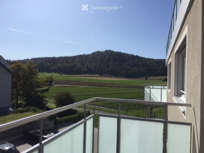 Balcony with glass panels and metal railing, overlooking a green landscape and hills under a clear blue sky.