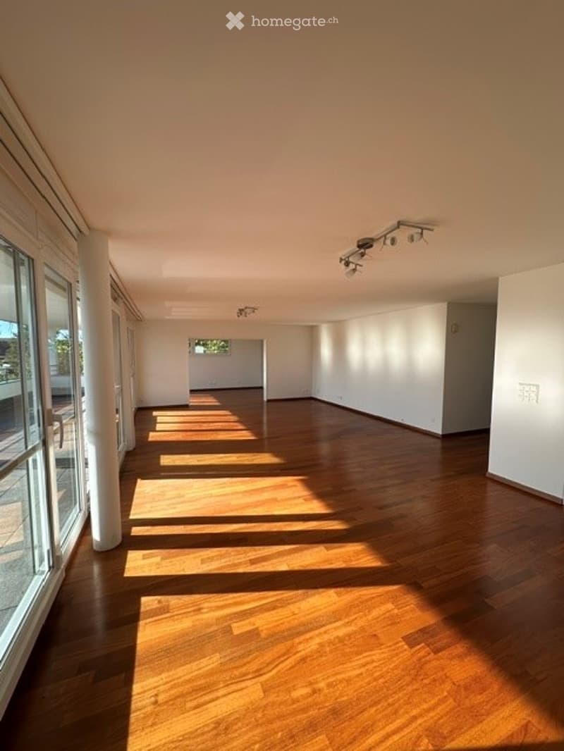 Completely empty room with wooden flooring, white walls, large windows, and recessed lighting.