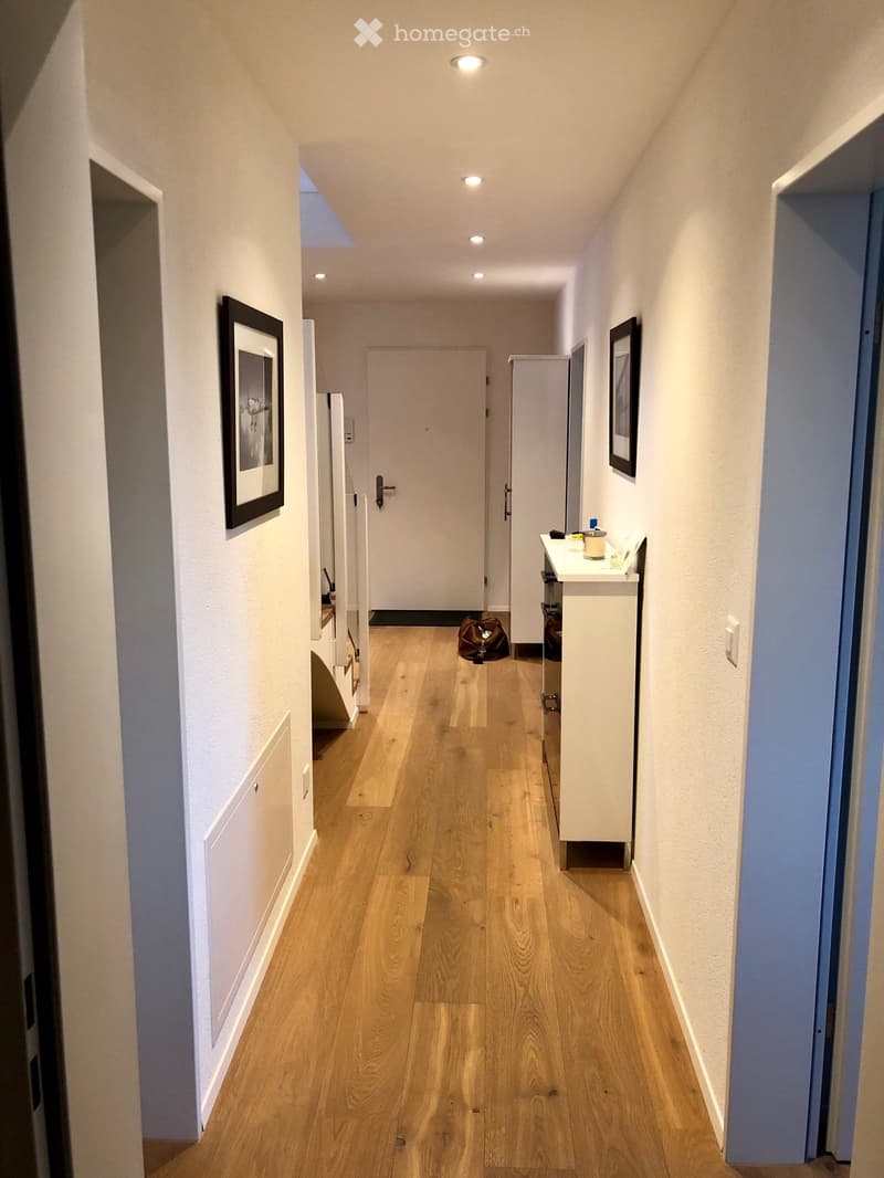A narrow hallway with wooden flooring, white walls, and recessed lighting. There are two doors at the end, a small white cabinet on the right, and a framed picture on the left wall.