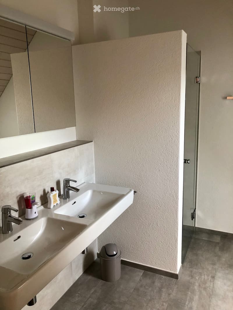 Modern bathroom with double sink, chrome faucets, mirror, and toiletries on the counter.