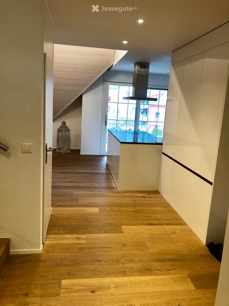 Modern hallway with wooden flooring, white walls, and recessed lighting. Features a lantern-style light fixture and a view of a kitchen area with a stainless steel range hood.