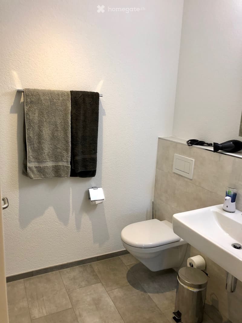 Modern bathroom with white tiled walls, a toilet, a sink, a towel rack with two towels, a trash bin, and a hair dryer on the sink counter.
