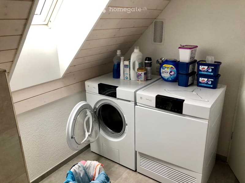 Laundry area with a washing machine and dryer, various detergent bottles, and a laundry basket on the floor.