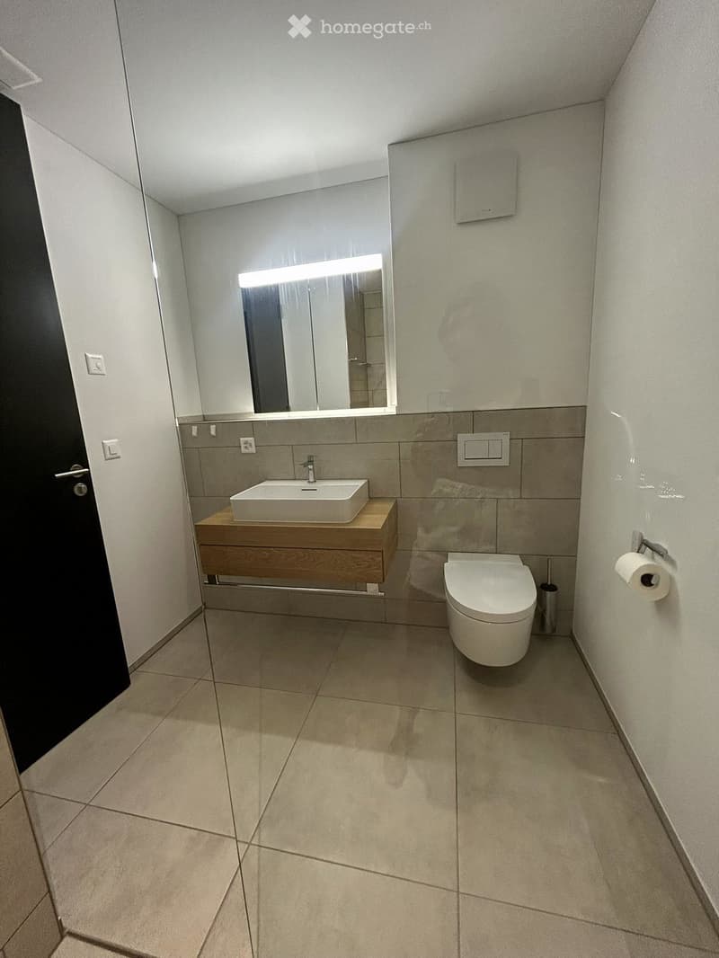 Modern bathroom with a white sink on a wooden vanity, a toilet, a large mirror with built-in lighting, and tiled floors and walls.