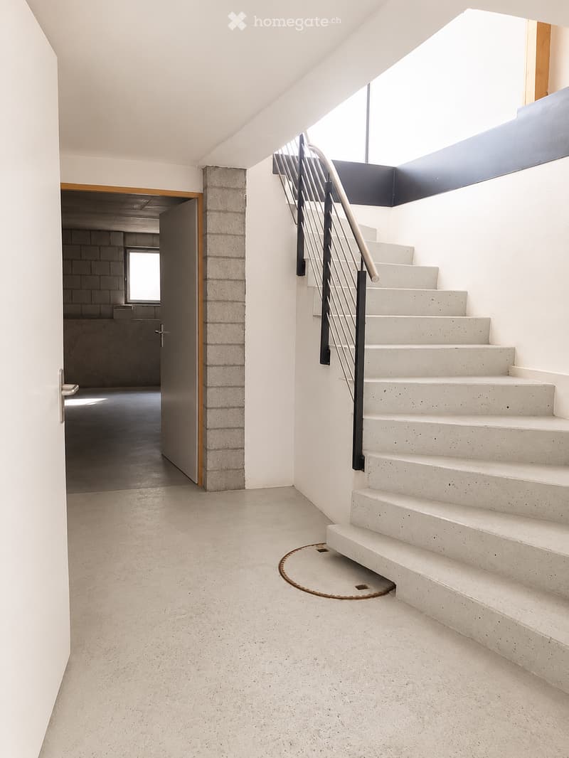 Modern hallway with a concrete staircase, white walls, and a polished concrete floor. Features a sleek metal railing and a small circular floor opening.