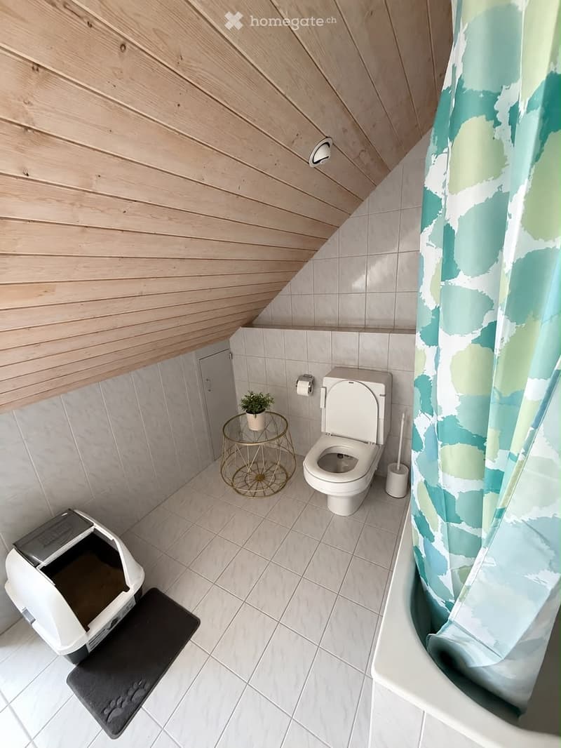 Modern bathroom with white tiled walls and floor, a toilet, a small round table with a plant, a cat litter box, and a shower curtain in pastel colors.