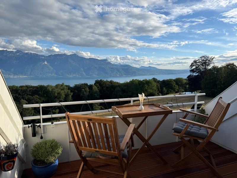 Balcony with wooden table, two chairs, vase, and potted plants, overlooking a scenic lake and mountain view.