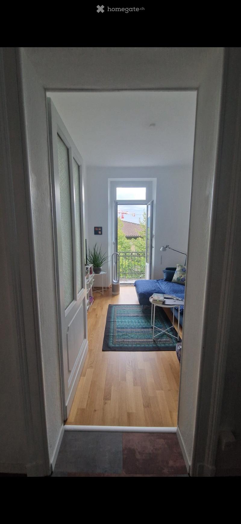 A modern, well-lit bedroom with wooden flooring, a blue sofa, a small table with a lamp, a rug, and a plant near the balcony entrance.