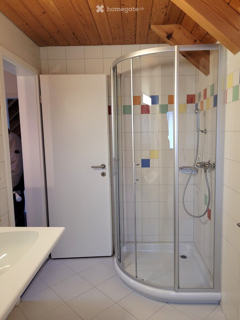 Modern bathroom with a shower, sink, white tiled floor and wall, wooden ceiling