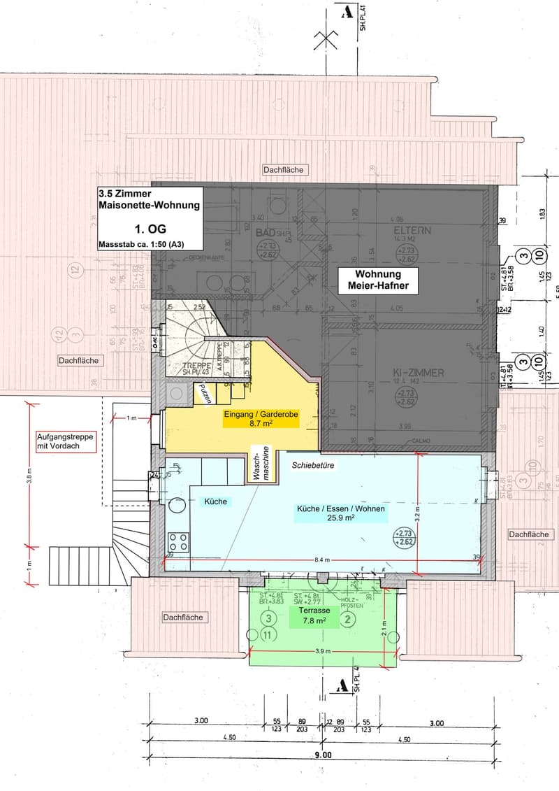 Main entrance, 3.5 rooms, 1st floor, balcony, stairwell, kitchen, bathroom, living area, separate bedroom, terrace, 2nd floor, storage, raised ground floor, swimming pool, utility room