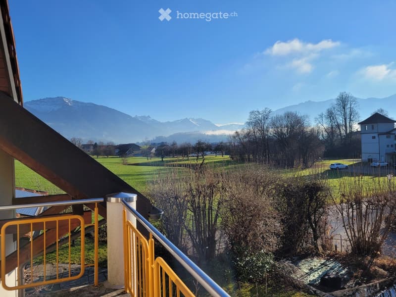 Outdoor view from balcony, mountains in the distance, field and parked cars