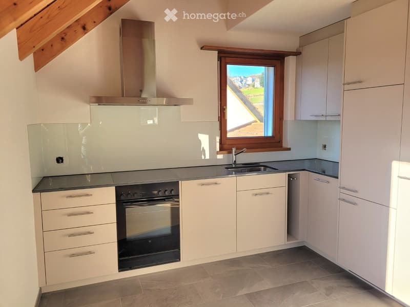 kitchen, white cabinets, grey countertops, black oven, glass splashback, stainless steel extractor hood, sink, window, sloped ceiling
