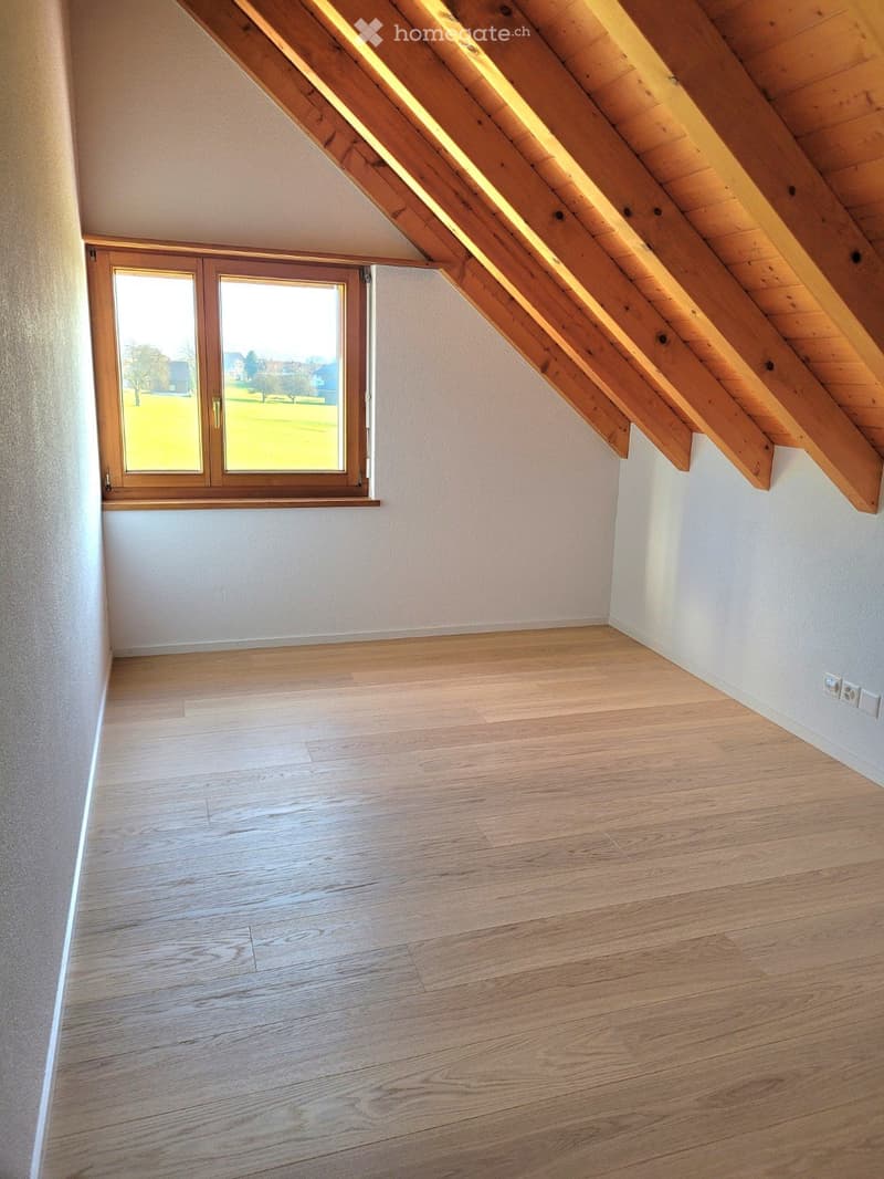 wooden floor, wooden ceiling, empty room, window with view