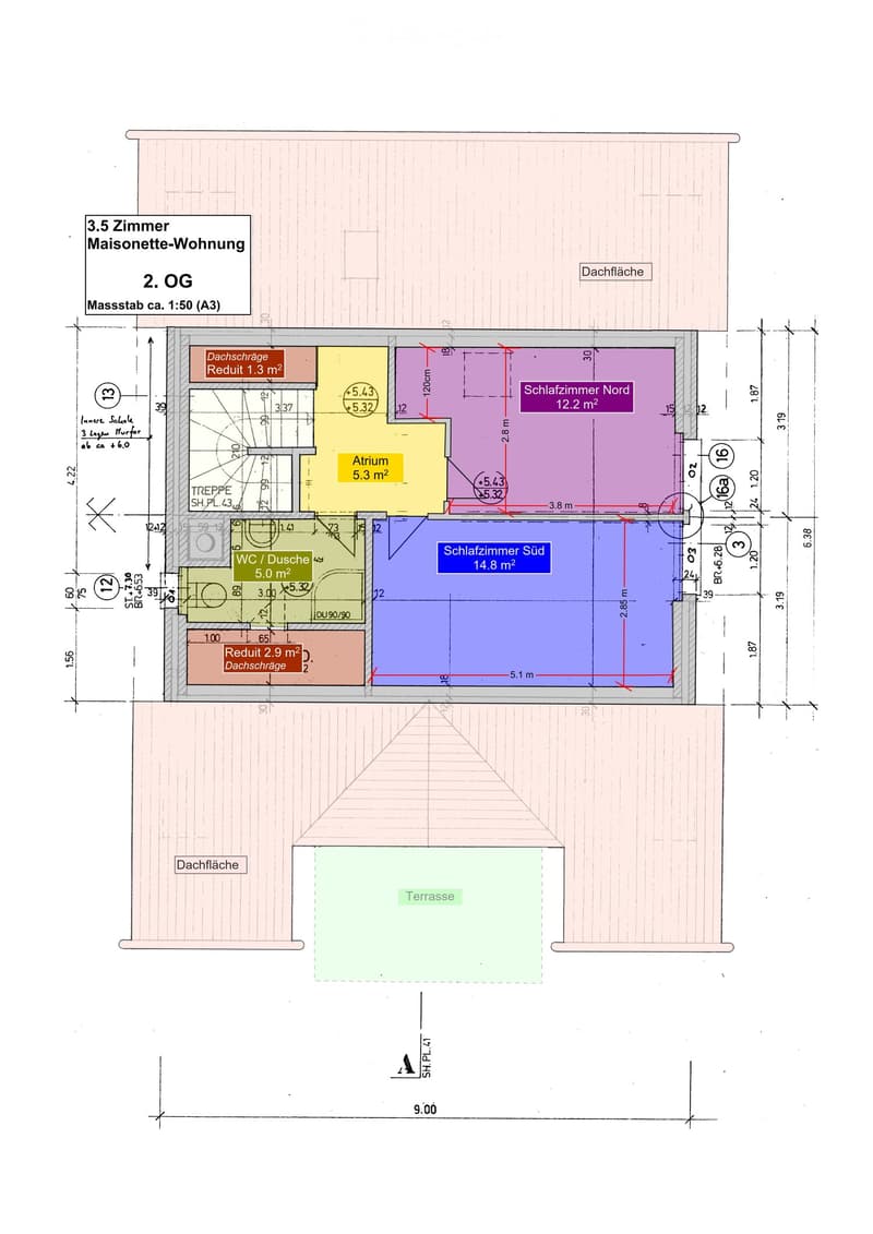 2 bedrooms, bathroom, living room, terrace, entrance, hallway, stairs, loft