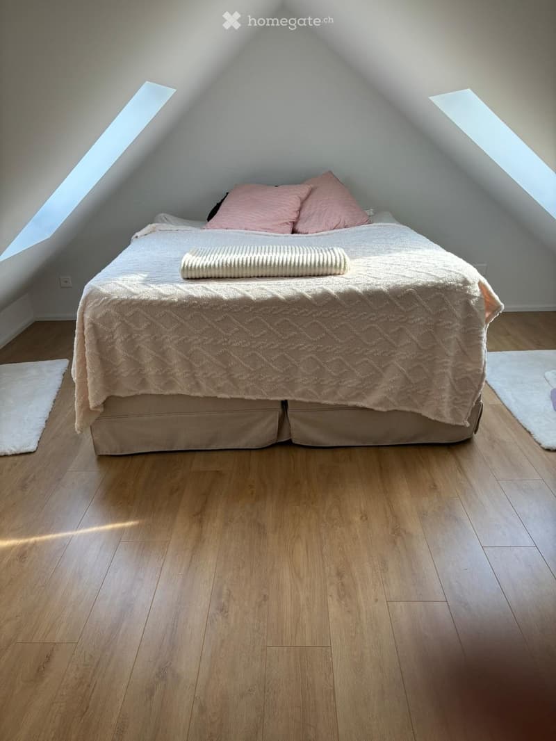 Bedroom with white walls, wooden floor, two white rugs, bed, two pink pillows, and an attic window.