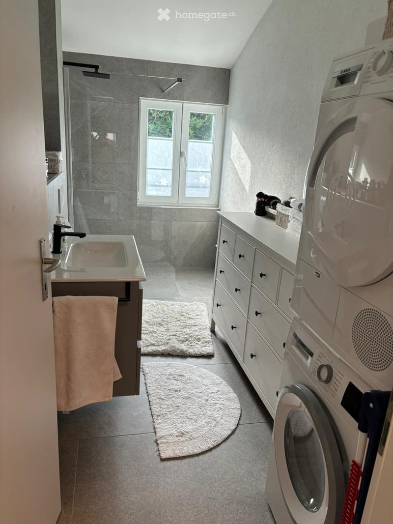 modern bathroom, tiled floors, large mirror, shower enclosure, vanity with sink, washing machine, washing baskets, floor rugs, daylight