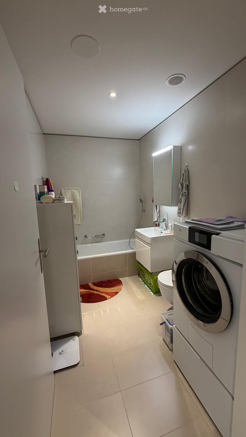 Modern bathroom with a bathtub, sink, toilet, washing machine, and a mirror. Features a towel and a bath mat.