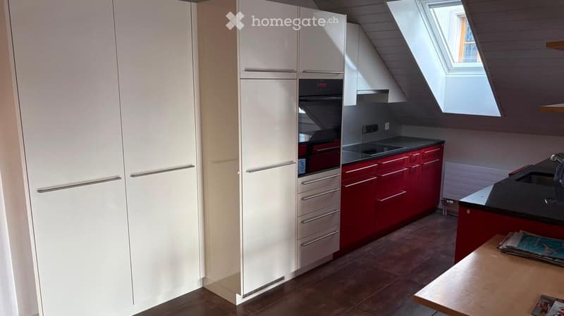 Modern kitchen with white cabinets, red lower cabinets, stainless steel appliances, and a skylight window above the sink.