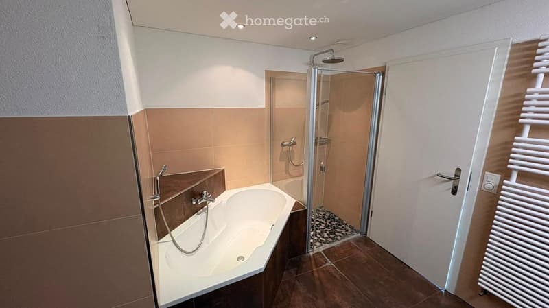 Modern bathroom with a bathtub, glass-enclosed shower, and a white radiator. The walls are tiled in beige and brown, and the floor is tiled in dark brown.