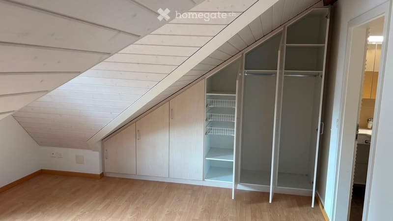 Empty attic room with wooden flooring, white paneled ceiling, built-in white cabinets, and a partially open closet with empty shelves.