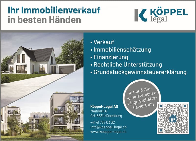 Promotional image for real estate services featuring a modern two-story house with a garage, surrounded by greenery, and a multi-unit residential building with balconies.