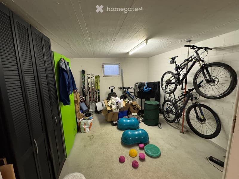A small, organized storage area with bicycles, skis, exercise balls, and storage boxes.