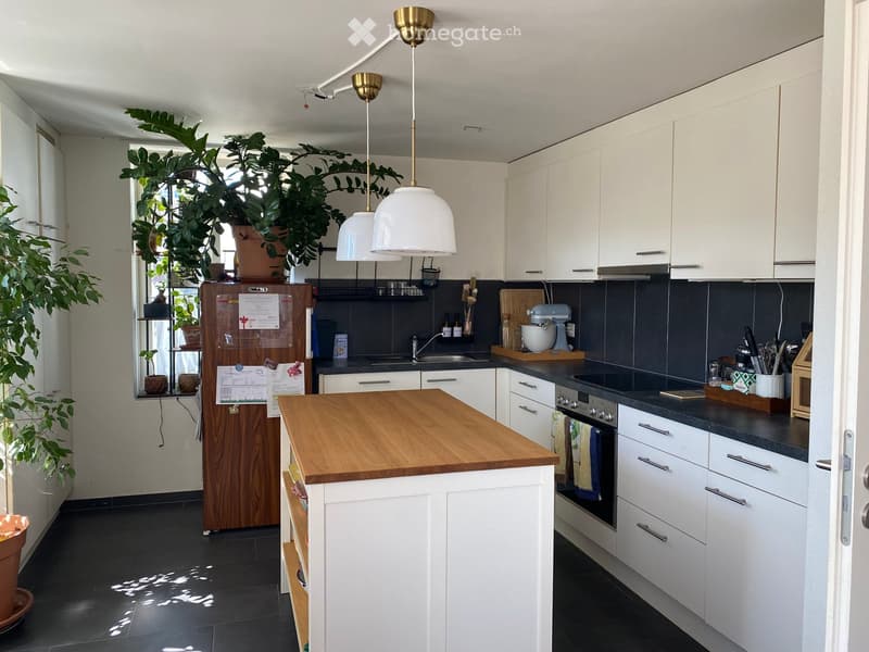 Modern kitchen with white cabinets, dark countertops, a wooden island, and pendant lights. Features a refrigerator, oven, sink, mixer, and potted plants on the windowsill.
