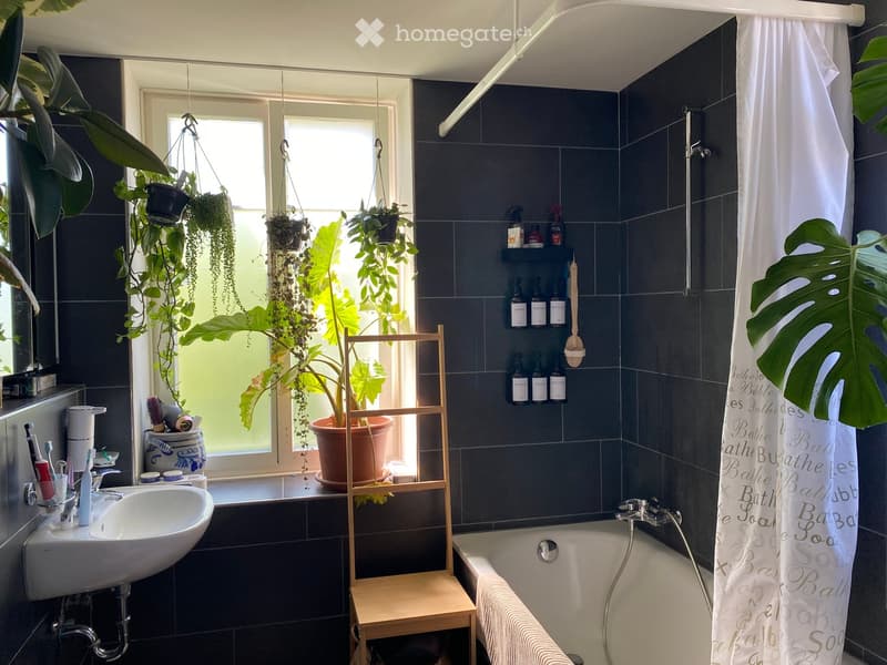 Modern bathroom with dark tiles, a white sink, a bathtub, and a wooden shelf holding shampoo bottles. Potted plants and hanging plants add a touch of greenery, and a white shower curtain with a decorative pattern is visible.
