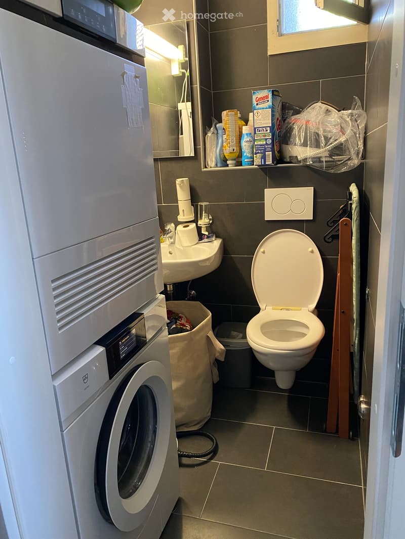 Compact bathroom with a toilet, sink, washing machine, and a small shelf holding cleaning supplies. The space is tidy with a towel hanging on the side.
