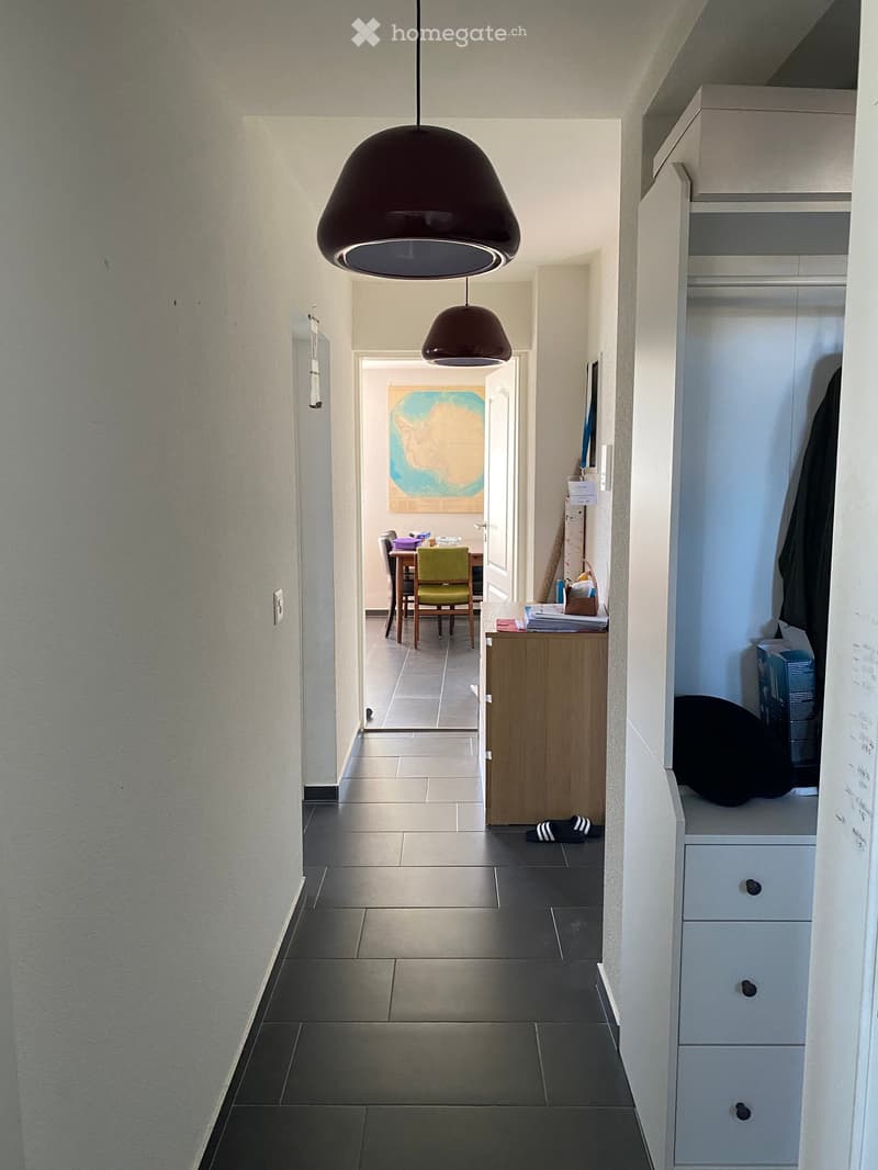 Modern hallway with tiled floor, white walls, built-in storage unit, and pendant lights. Visible rooms include a dining area with a table and chairs, and a partially visible room with a painting on the wall.
