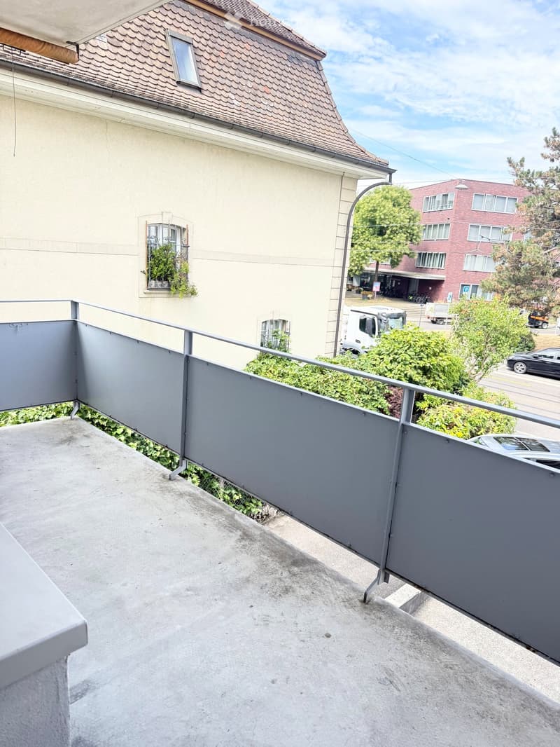 Balcony with grey metal railing, concrete floor, small plants along the edge, overlooking a street with cars and buildings.