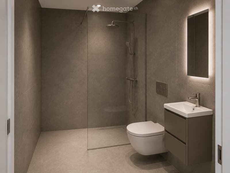 Modern bathroom with a glass-enclosed shower, toilet, sink, and illuminated mirror.