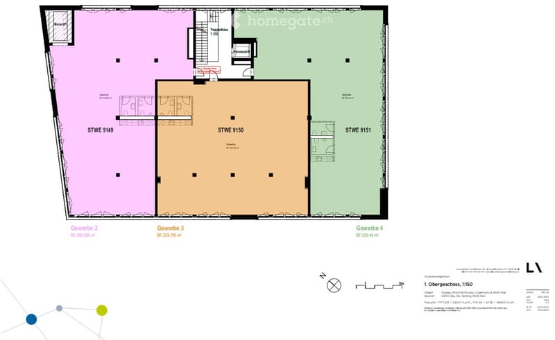 Floor plan showing three commercial units (Gewerbe 2, Gewerbe 3, Gewerbe 4) with labeled areas including a staircase, personnel area, and storage space.