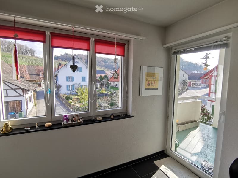 Furnished Room. Bright room with large windows, red roller blinds, and a view of a village. Decor includes a picture frame, a wicker basket, and small figurines on the windowsill.